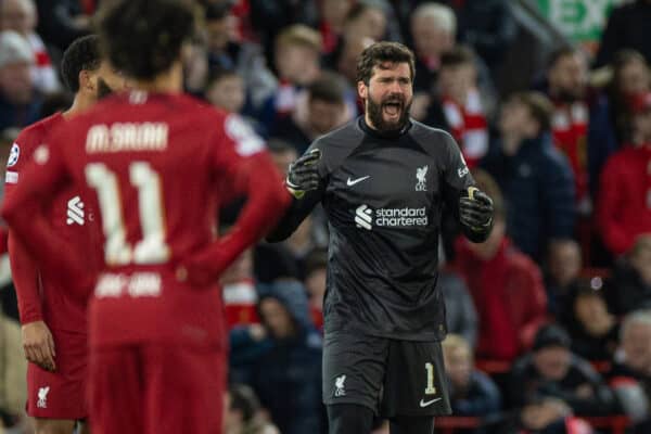 LIVERPOOL, ENGLAND - Tuesday, February 21, 2023: Liverpool's goalkeeper Alisson Becker during the UEFA Champions League Round of 16 1st Leg game between Liverpool FC and Real Madrid at Anfield. (Pic by David Rawcliffe/Propaganda)