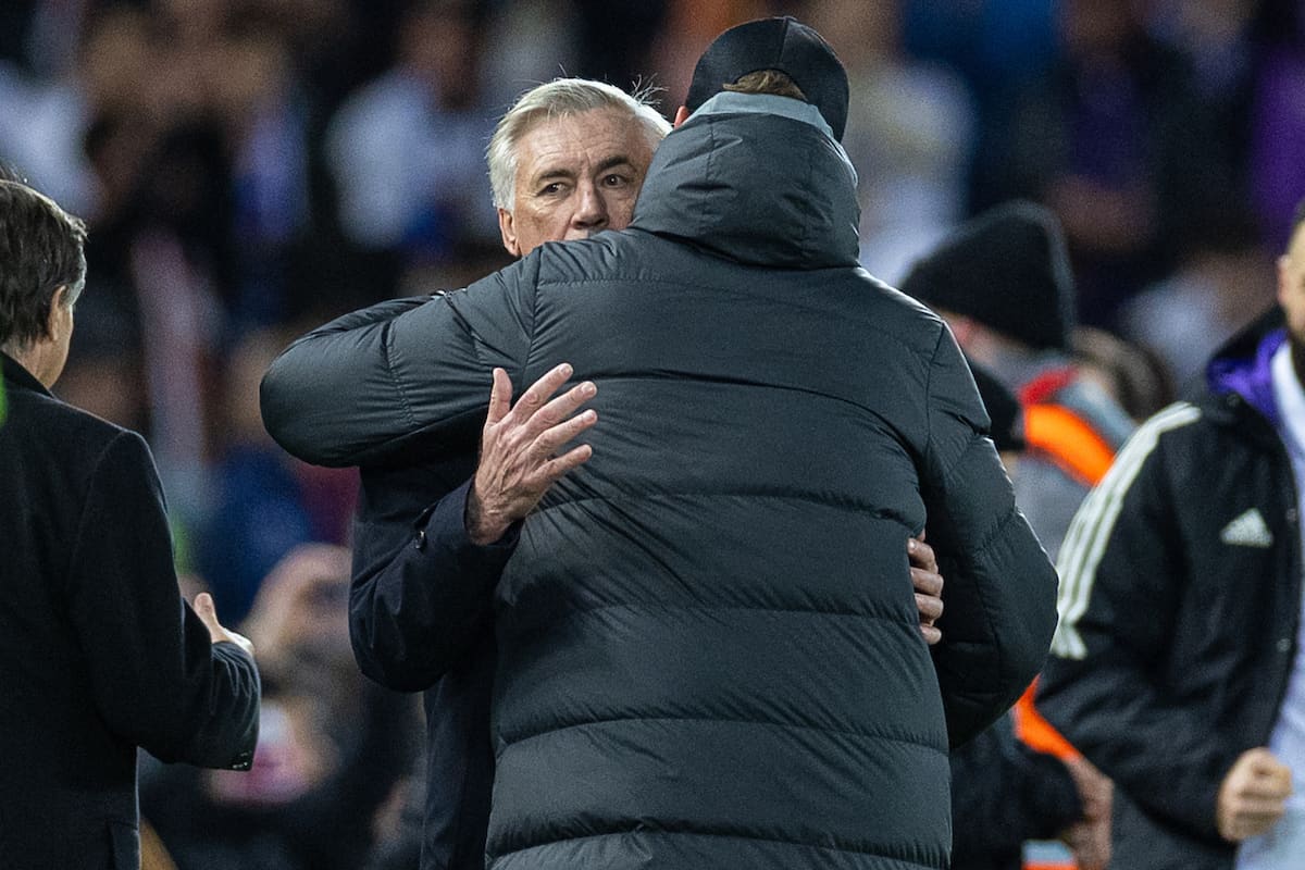 LIVERPOOL, ENGLAND - Tuesday, February 21, 2023: Real Madrid's head coach Carlo Ancelotti (L) embraces Liverpool's manager Jürgen Klopp after the UEFA Champions League Round of 16 1st Leg game between Liverpool FC and Real Madrid at Anfield. (Pic by David Rawcliffe/Propaganda)