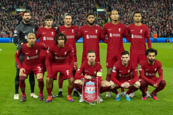 LIVERPOOL, ENGLAND - Tuesday, February 21, 2023: Liverpool's players line-up for a team group photograph before the UEFA Champions League Round of 16 1st Leg game between Liverpool FC and Real Madrid at Anfield. Front row L-R: Fabio Henrique Tavares 'Fabinho', Trent Alexander-Arnold, captain Jordan Henderson, Andy Robertson, Mohamed Salah, Back row L-R: goalkeeper Adrián San Miguel del Castillo, Stefan Bajcetic, Darwin Núñez, Joe Gomez, Virgil van Dijk, Cody Gakpo. (Pic by David Rawcliffe/Propaganda)