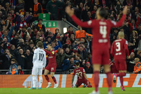 LIVERPOOL, ENGLAND - Tuesday, February 21, 2023: Liverpool's Darwin Núñez celebrates after scoring the first goal during the UEFA Champions League Round of 16 1st Leg game between Liverpool FC and Real Madrid at Anfield. (Pic by David Rawcliffe/Propaganda)