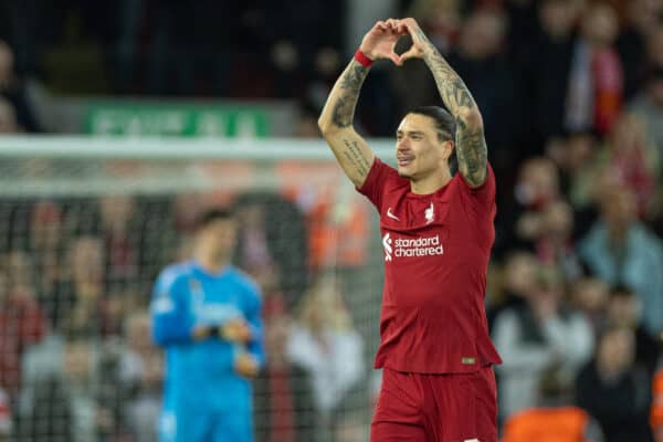 LIVERPOOL, ENGLAND - Tuesday, February 21, 2023: Liverpool's Darwin Núñez celebrates after scoring the first goal during the UEFA Champions League Round of 16 1st Leg game between Liverpool FC and Real Madrid at Anfield. (Pic by David Rawcliffe/Propaganda)