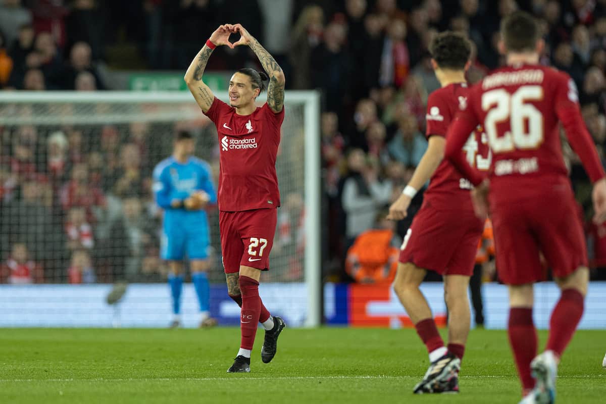 LIVERPOOL, ENGLAND - Tuesday, February 21, 2023: Liverpool's Darwin Núñez celebrates after scoring the first goal during the UEFA Champions League Round of 16 1st Leg game between Liverpool FC and Real Madrid at Anfield. (Pic by David Rawcliffe/Propaganda)