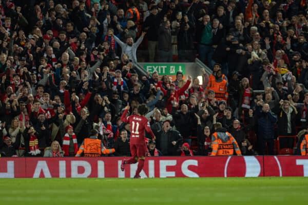 LIVERPOOL, ENGLAND - Tuesday, February 21, 2023: Liverpool's Mohamed Salah celebrates after scoring the second goal during the UEFA Champions League Round of 16 1st Leg game between Liverpool FC and Real Madrid at Anfield. (Pic by David Rawcliffe/Propaganda)