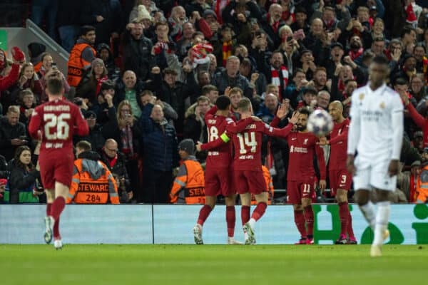 LIVERPOOL, ENGLAND - Tuesday, February 21, 2023: Liverpool's Mohamed Salah celebrates after scoring the second goal with his team-mates during the UEFA Champions League Round of 16 1st Leg game between Liverpool FC and Real Madrid at Anfield. (Pic by David Rawcliffe/Propaganda)