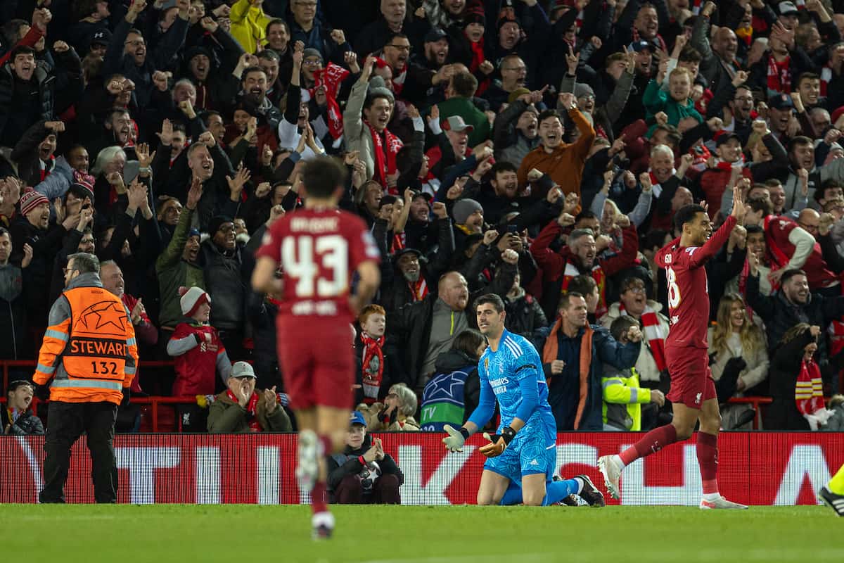 LIVERPOOL, ENGLAND - Tuesday, February 21, 2023: Real Madrid's goalkeeper Thibaut Courtois looks dejected after his mistake led to Liverpool's second goal during the UEFA Champions League Round of 16 1st Leg game between Liverpool FC and Real Madrid at Anfield. (Pic by David Rawcliffe/Propaganda)