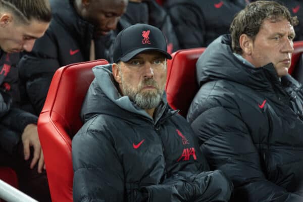 LIVERPOOL, ENGLAND - Tuesday, February 21, 2023: Liverpool's manager Jürgen Klopp during the UEFA Champions League Round of 16 1st Leg game between Liverpool FC and Real Madrid at Anfield. (Pic by David Rawcliffe/Propaganda)