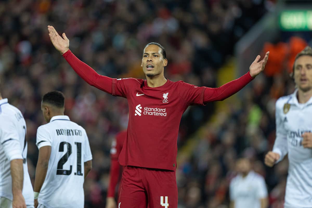 LIVERPOOL, ENGLAND - Tuesday, February 21, 2023: Liverpool's Virgil van Dijk during the UEFA Champions League Round of 16 1st Leg game between Liverpool FC and Real Madrid at Anfield. (Pic by David Rawcliffe/Propaganda)