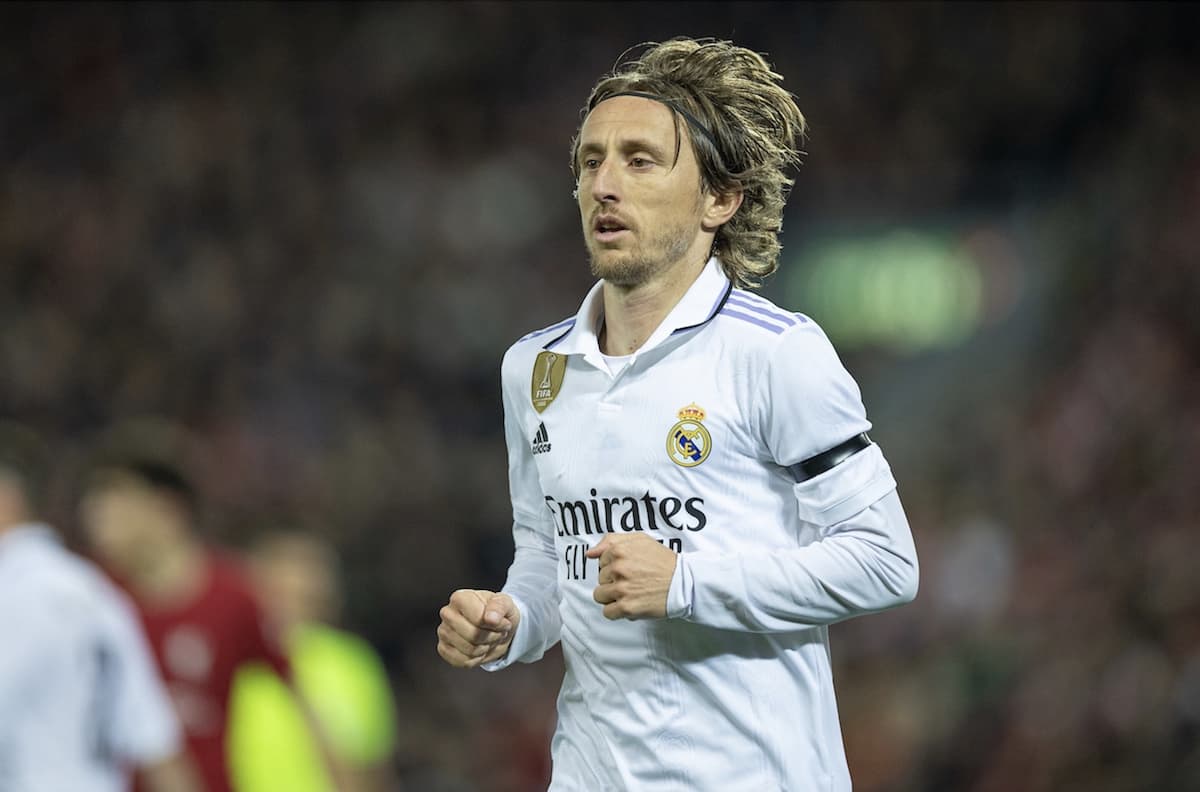 LIVERPOOL, ENGLAND - Tuesday, February 21, 2023: Real Madrid's Luka Modri? during the UEFA Champions League Round of 16 1st Leg game between Liverpool FC and Real Madrid at Anfield. (Pic by David Rawcliffe/Propaganda)