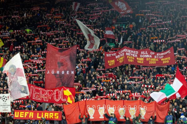 LIVERPOOL, ENGLAND - Tuesday, February 21, 2023: Liverpool supporters on the Spion Kop before the UEFA Champions League Round of 16 1st Leg game between Liverpool FC and Real Madrid at Anfield. (Pic by David Rawcliffe/Propaganda)