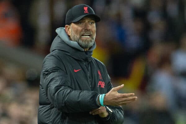 LIVERPOOL, ENGLAND - Tuesday, February 21, 2023: Liverpool's manager Jürgen Klopp during the UEFA Champions League Round of 16 1st Leg game between Liverpool FC and Real Madrid at Anfield. (Pic by David Rawcliffe/Propaganda)