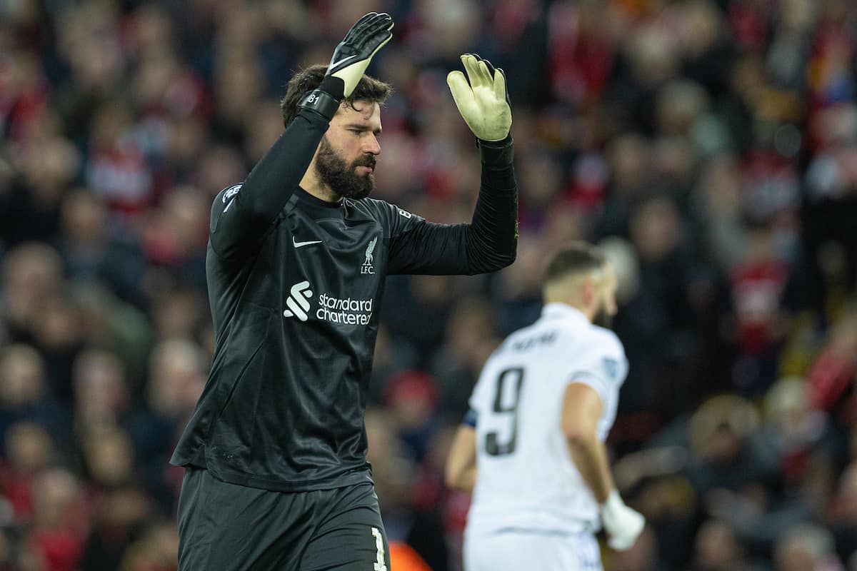 LIVERPOOL, ENGLAND - Tuesday, February 21, 2023: Liverpool's goalkeeper Alisson Becker looks dejected after his mistake led to Real Madrid's equalising second goal during the UEFA Champions League Round of 16 1st Leg game between Liverpool FC and Real Madrid at Anfield. (Pic by David Rawcliffe/Propaganda)