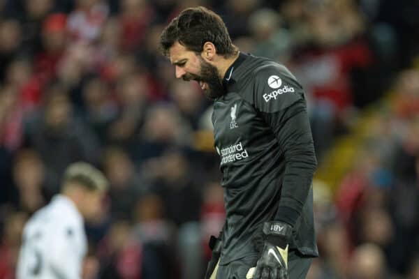 LIVERPOOL, ENGLAND - Tuesday, February 21, 2023: Liverpool's goalkeeper Alisson Becker looks dejected after his mistake led to Real Madrid's equalising second goal during the UEFA Champions League Round of 16 1st Leg game between Liverpool FC and Real Madrid at Anfield. (Pic by David Rawcliffe/Propaganda)