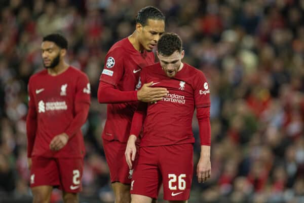 LIVERPOOL, ENGLAND - Tuesday, February 21, 2023: Liverpool's Virgil van Dijk (L) congratulates Andy Robertson after saving a goal during the UEFA Champions League Round of 16 1st Leg game between Liverpool FC and Real Madrid at Anfield. (Pic by David Rawcliffe/Propaganda)
