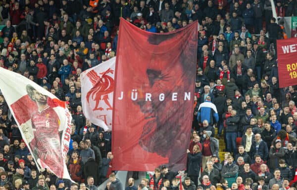 LIVERPOOL, ENGLAND - Tuesday, February 21, 2023: Liverpool supporters' banner for Jürgen Klopp on the Spion Kop before the UEFA Champions League Round of 16 1st Leg game between Liverpool FC and Real Madrid at Anfield. (Pic by David Rawcliffe/Propaganda)