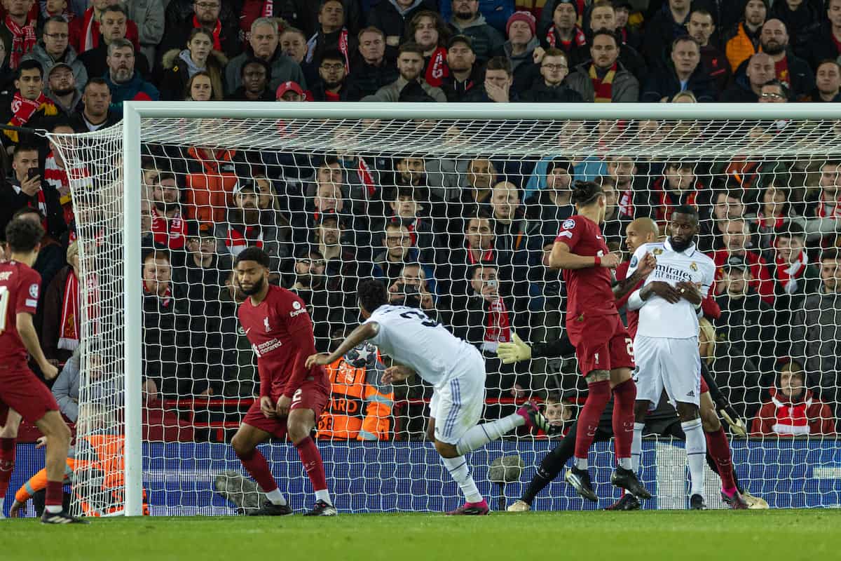 LIVERPOOL, ENGLAND - Tuesday, February 21, 2023: Real Madrid's Éder Militão scores the third goal during the UEFA Champions League Round of 16 1st Leg game between Liverpool FC and Real Madrid at Anfield. (Pic by David Rawcliffe/Propaganda)