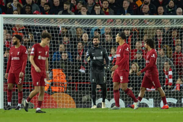 LIVERPOOL, ENGLAND - Tuesday, February 21, 2023: Liverpool's goalkeeper Alisson Becker looks dejected after Real Madrid scored the third goal during the UEFA Champions League Round of 16 1st Leg game between Liverpool FC and Real Madrid at Anfield. (Pic by David Rawcliffe/Propaganda)