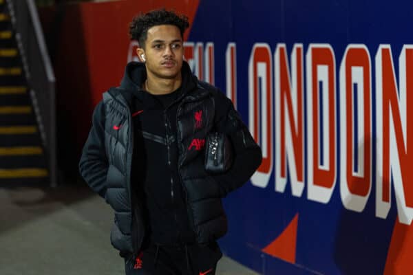  Liverpool's Fábio Carvalho arrives before the FA Premier League match between Crystal Palace FC and Liverpool FC at Selhurst Park. (Pic by David Rawcliffe/Propaganda)