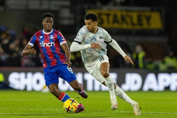 LONDON, ENGLAND - Saturday, February 25, 2023: Liverpool's Cody Gakpo (R) and Crystal Palace's Albert Sambi Lokonga during the FA Premier League match between Crystal Palace FC and Liverpool FC at Selhurst Park. (Pic by David Rawcliffe/Propaganda)