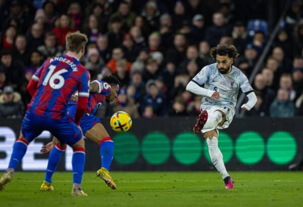 LONDON, ENGLAND - Saturday, February 25, 2023: Liverpool's Mohamed Salah shoots during the FA Premier League match between Crystal Palace FC and Liverpool FC at Selhurst Park. (Pic by David Rawcliffe/Propaganda)