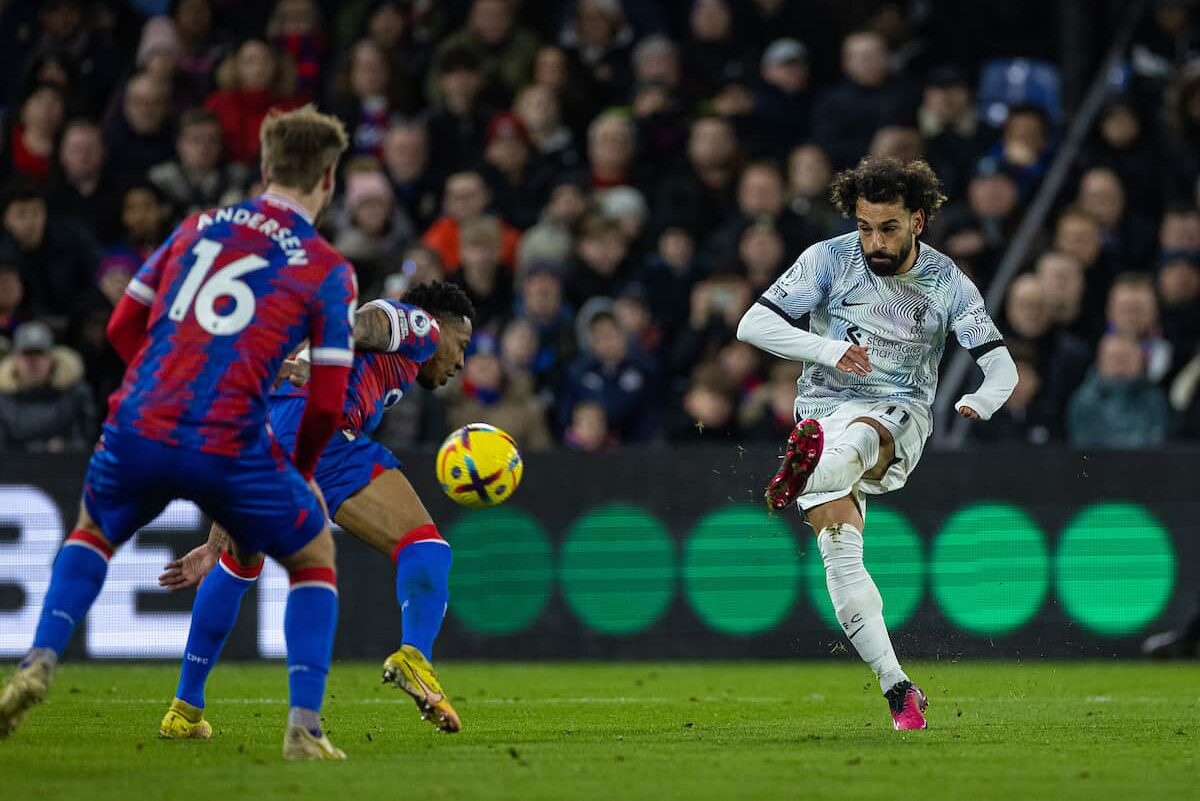 LONDON, ENGLAND - Saturday, February 25, 2023: Liverpool's Mohamed Salah shoots during the FA Premier League match between Crystal Palace FC and Liverpool FC at Selhurst Park. (Pic by David Rawcliffe/Propaganda)