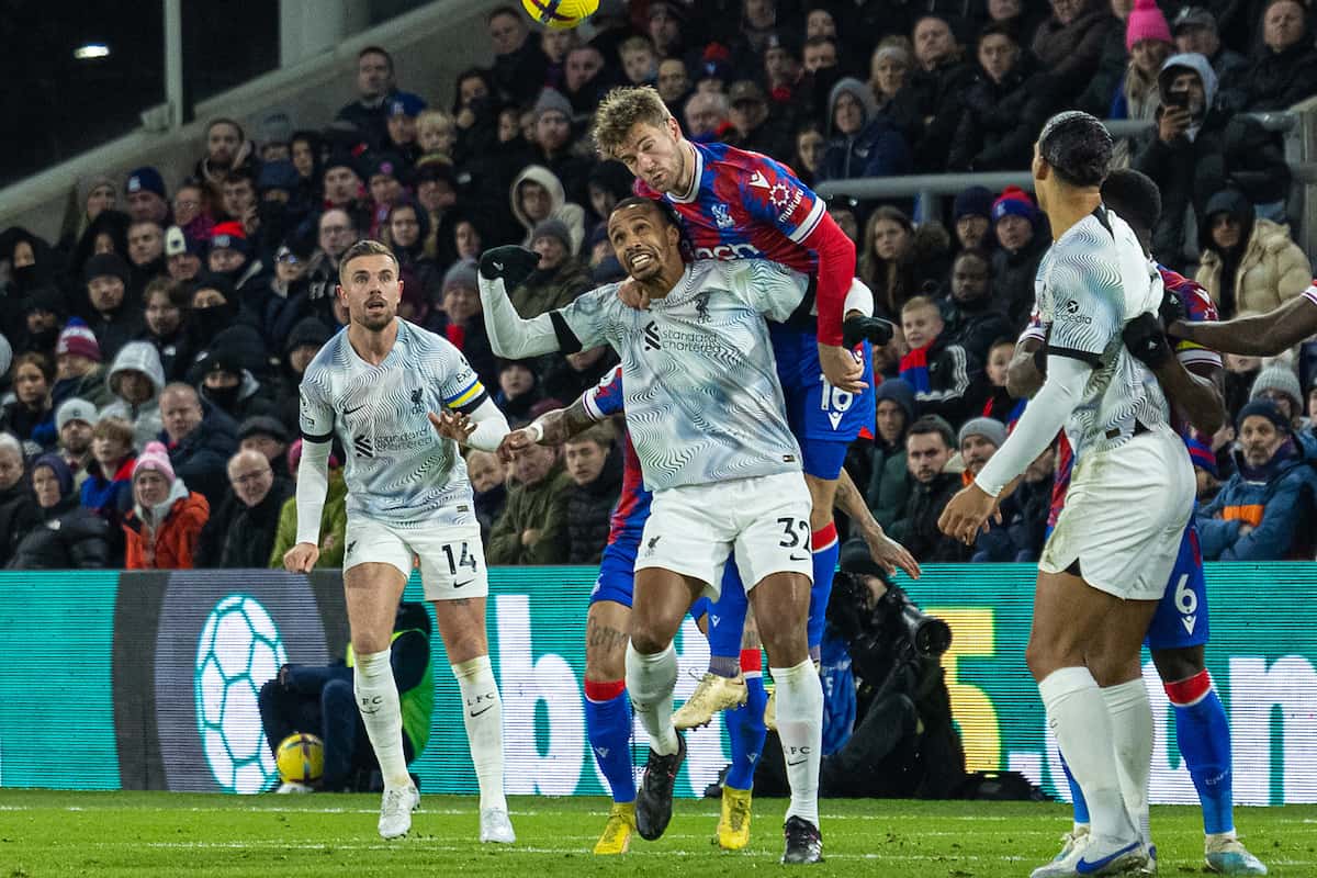 LONDON, ENGLAND - Saturday, February 25, 2023: Liverpool's Joël Matip is mounted by Crystal Palace's Joachim Andersen' during the FA Premier League match between Crystal Palace FC and Liverpool FC at Selhurst Park. (Pic by David Rawcliffe/Propaganda)