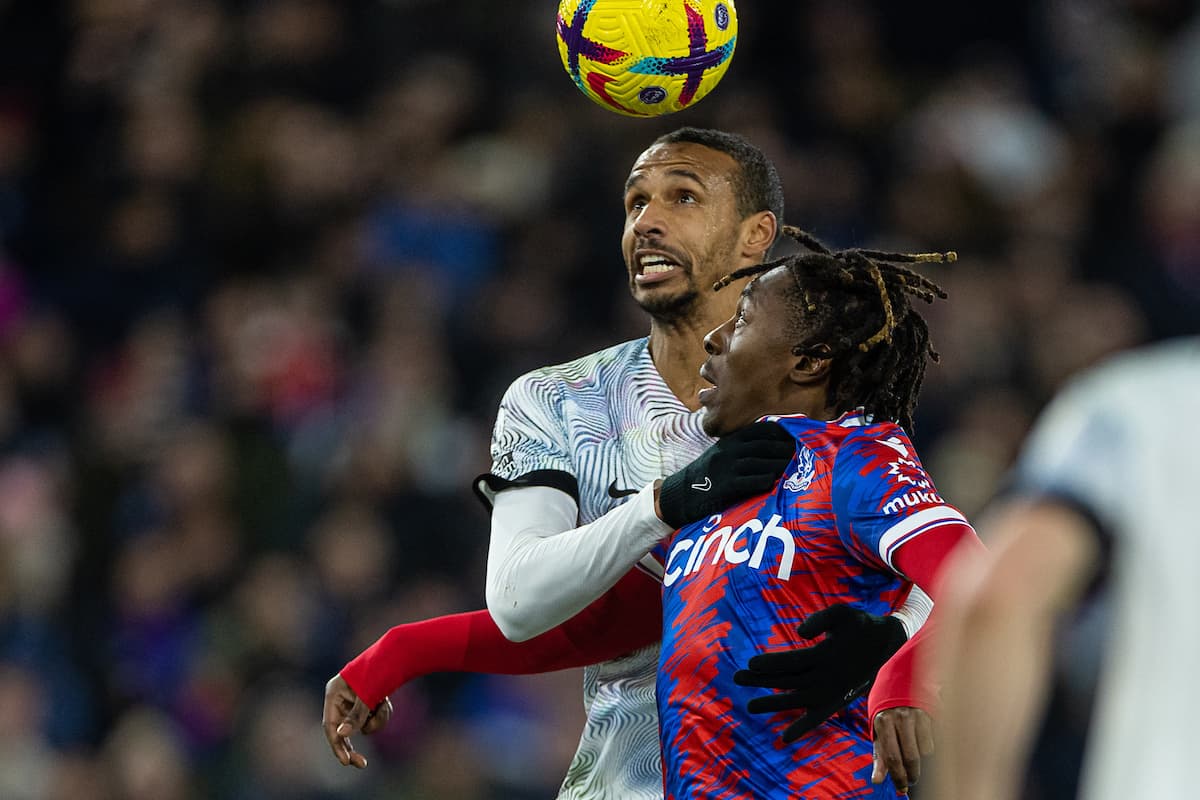 LONDON, ENGLAND - Saturday, February 25, 2023: Liverpool's Joël Matip (L) challenges for a header with Crystal Palace's Eberechi Eze during the FA Premier League match between Crystal Palace FC and Liverpool FC at Selhurst Park. (Pic by David Rawcliffe/Propaganda)
