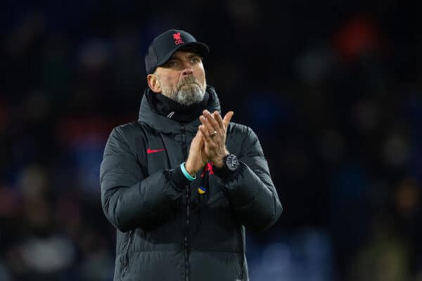 LONDON, ENGLAND - Saturday, February 25, 2023: Liverpool's manager Jürgen Klopp applauds the supporters after the FA Premier League match between Crystal Palace FC and Liverpool FC at Selhurst Park. (Pic by David Rawcliffe/Propaganda)