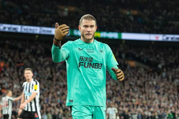 LONDON, ENGLAND - Sunday, February 26, 2023: Newcastle United's goalkeeper Loris Karius during the Football League Cup Final match between Manchester United FC and Newcastle United FC at Wembley Stadium. (Pic by David Rawcliffe/Propaganda)