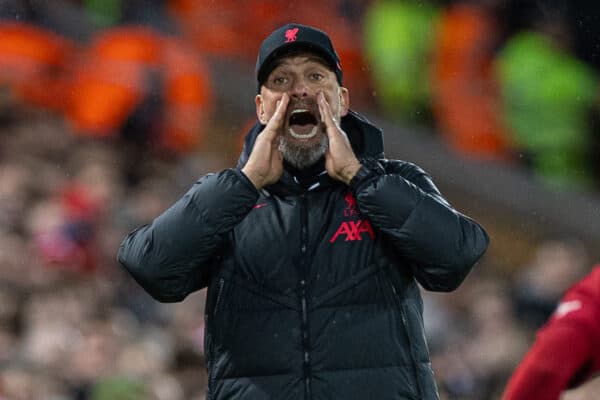 LIVERPOOL, ENGLAND - Wednesday, March 1, 2023: Liverpool's manager Jürgen Klopp reacts during the FA Premier League match between Liverpool FC and Wolverhampton Wanderers FC at Anfield. (Pic by David Rawcliffe/Propaganda)