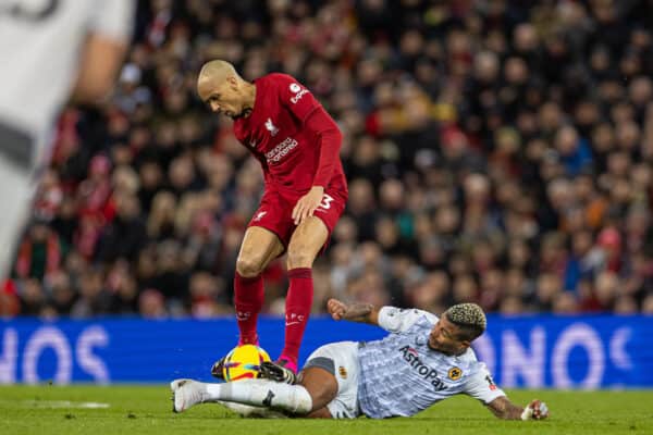 LIVERPOOL, ENGLAND - Wednesday, March 1, 2023: Wolverhampton Wanderers' Mario Lemina slides in on Liverpool's Fabio Henrique Tavares 'Fabinho' during the FA Premier League match between Liverpool FC and Wolverhampton Wanderers FC at Anfield. (Pic by David Rawcliffe/Propaganda)