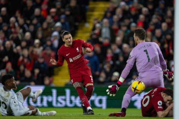 LIVERPOOL, ENGLAND - Wednesday, March 1, 2023: Liverpool's Darwin Núñez scores the first goal, but it waas disallowed for a foul by Diogo Jota, during the FA Premier League match between Liverpool FC and Wolverhampton Wanderers FC at Anfield. (Pic by David Rawcliffe/Propaganda)