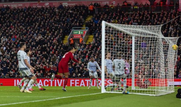 LIVERPOOL, ENGLAND - Wednesday, March 1, 2023: Liverpool's Virgil van Dijk scores the first goal during the FA Premier League match between Liverpool FC and Wolverhampton Wanderers FC at Anfield. (Pic by David Rawcliffe/Propaganda)