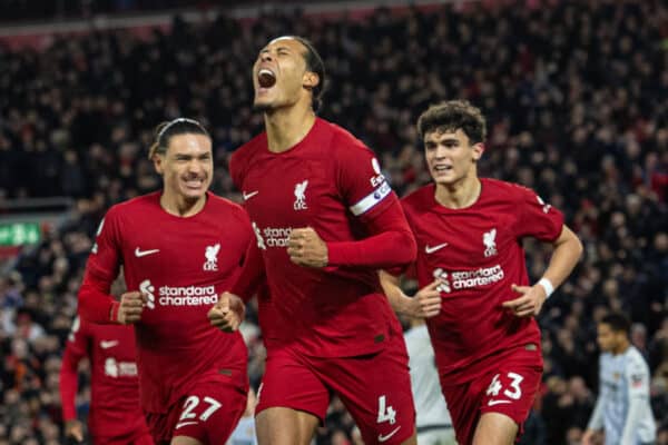 LIVERPOOL, ENGLAND - Wednesday, March 1, 2023: Liverpool's Virgil van Dijk celebrates after scoring the first goal during the FA Premier League match between Liverpool FC and Wolverhampton Wanderers FC at Anfield. (Pic by David Rawcliffe/Propaganda)