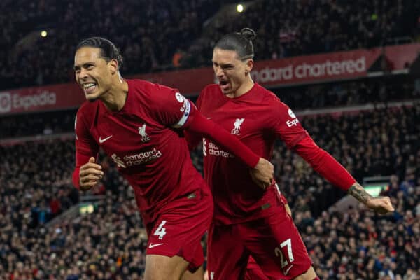 LIVERPOOL, ENGLAND - Wednesday, March 1, 2023: Liverpool's Virgil van Dijk celebrates after scoring the first goal during the FA Premier League match between Liverpool FC and Wolverhampton Wanderers FC at Anfield. (Pic by David Rawcliffe/Propaganda)