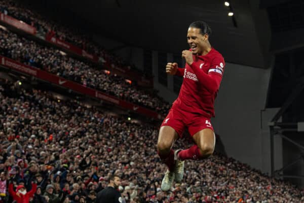 LIVERPOOL, ENGLAND - Wednesday, March 1, 2023: Liverpool's Virgil van Dijk celebrates after scoring the first goal during the FA Premier League match between Liverpool FC and Wolverhampton Wanderers FC at Anfield. (Pic by David Rawcliffe/Propaganda)