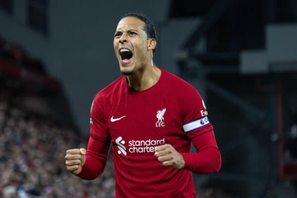 LIVERPOOL, ENGLAND - Wednesday, March 1, 2023: Liverpool's Virgil van Dijk celebrates after scoring the first goal during the FA Premier League match between Liverpool FC and Wolverhampton Wanderers FC at Anfield. (Pic by David Rawcliffe/Propaganda)