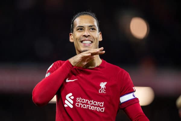 LIVERPOOL, ENGLAND - Wednesday, March 1, 2023: Liverpool's Virgil van Dijk celebrates after scoring the first goal nduring the FA Premier League match between Liverpool FC and Wolverhampton Wanderers FC at Anfield. (Pic by David Rawcliffe/Propaganda)