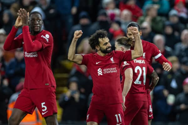 LIVERPOOL, ENGLAND - Wednesday, March 1, 2023: Liverpool's Mohamed Salah celebrates after scoring the second goal during the FA Premier League match between Liverpool FC and Wolverhampton Wanderers FC at Anfield. (Pic by David Rawcliffe/Propaganda)