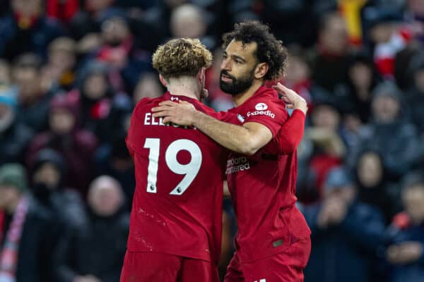 LIVERPOOL, ENGLAND - Wednesday, March 1, 2023: Liverpool's Mohamed Salah (R) celebrates with team-mate Harvey Elliott after scoring the second goal during the FA Premier League match between Liverpool FC and Wolverhampton Wanderers FC at Anfield. (Pic by David Rawcliffe/Propaganda)