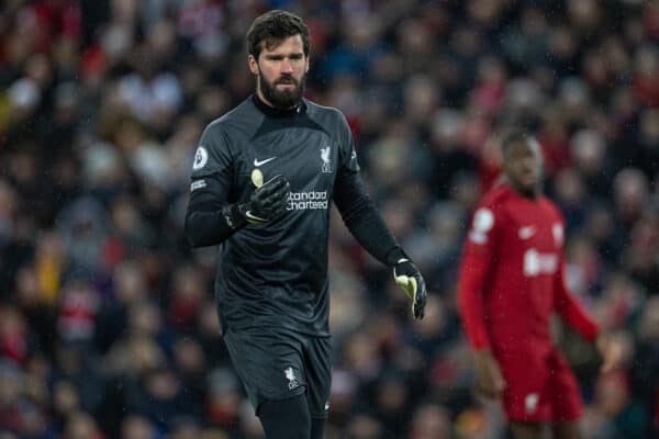 LIVERPOOL, ENGLAND - Wednesday, March 1, 2023: Liverpool's goalkeeper Alisson Becker during the FA Premier League match between Liverpool FC and Wolverhampton Wanderers FC at Anfield. (Pic by David Rawcliffe/Propaganda)