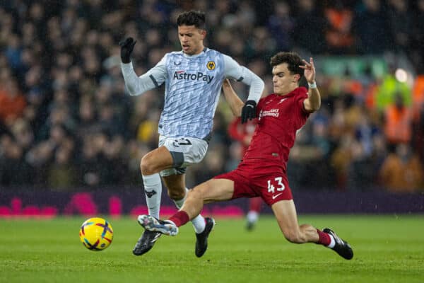 LIVERPOOL, ENGLAND - Wednesday, March 1, 2023: Wolverhampton Wanderers' Matheus Nunesn is challenged by Liverpool's Stefan Bajcetic during the FA Premier League match between Liverpool FC and Wolverhampton Wanderers FC at Anfield. (Pic by David Rawcliffe/Propaganda)