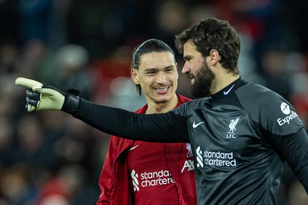 LIVERPOOL, ENGLAND - Wednesday, March 1, 2023: Liverpool's Darwin Núñez (L) and goalkeeper Alisson Becker celebrate after the FA Premier League match between Liverpool FC and Wolverhampton Wanderers FC at Anfield. Liverpool won 2-0. (Pic by David Rawcliffe/Propaganda)