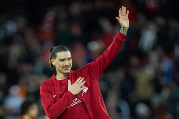 LIVERPOOL, ENGLAND - Wednesday, March 1, 2023: Liverpool's Darwin Núñez celebrates after the FA Premier League match between Liverpool FC and Wolverhampton Wanderers FC at Anfield. Liverpool won 2-0. (Pic by David Rawcliffe/Propaganda)