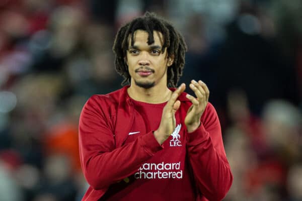 LIVERPOOL, ENGLAND - Wednesday, March 1, 2023: Liverpool's Trent Alexander-Arnold applauds the supporters after the FA Premier League match between Liverpool FC and Wolverhampton Wanderers FC at Anfield. Liverpool won 2-0. (Pic by David Rawcliffe/Propaganda)