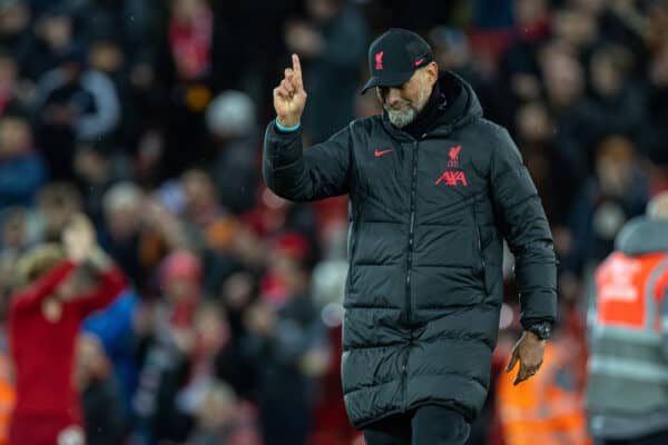 LIVERPOOL, ENGLAND - Wednesday, March 1, 2023: Liverpool's manager Jürgen Klopp after the FA Premier League match between Liverpool FC and Wolverhampton Wanderers FC at Anfield. Liverpool won 2-0. (Pic by David Rawcliffe/Propaganda)