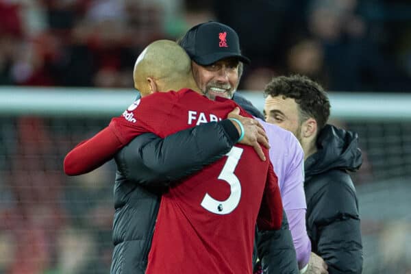 LIVERPOOL, ENGLAND - Wednesday, March 1, 2023: Liverpool's manager Jürgen Klopp (R) embraces Fabio Henrique Tavares 'Fabinho' after the FA Premier League match between Liverpool FC and Wolverhampton Wanderers FC at Anfield. (Pic by David Rawcliffe/Propaganda)