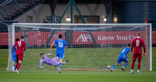 LIVERPOOL, ENGLAND - Wednesday, March 1, 2023: FC Porto's Jorge Meireles (R) scores the opening goal from the penalty spot during the UEFA Youth League Round of 16 game between Liverpool FC Under-19's and FC Porto's Under-19's at the Liverpool Academy. (Pic by Jessica Hornby/Propaganda)