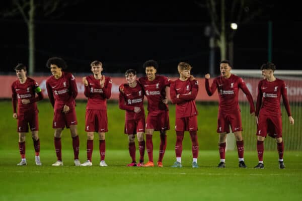 LIVERPOOL, ENGLAND - Wednesday, March 1, 2023: Liverpool's players celebrate goalkeeper Harvey Davies saving a penalty during the UEFA Youth League Round of 16 game between Liverpool FC Under-19's and FC Porto's Under-19's at the Liverpool Academy. (Pic by Jessica Hornby/Propaganda)