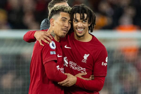 LIVERPOOL, ENGLAND - Sunday, March 5, 2023: Liverpool's Roberto Firmino (L) and Trent Alexander-Arnold celebrate after demolishing Manchester United 7-0 during the FA Premier League match between Liverpool FC and Manchester United FC at Anfield. (Pic by David Rawcliffe/Propaganda)