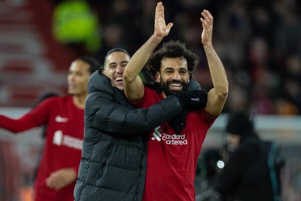 LIVERPOOL, ENGLAND - Sunday, March 5, 2023: Liverpool's Mohamed Salah (R) and Kostas Tsimikas celebrate after demolishing Manchester United 7-0 during the FA Premier League match between Liverpool FC and Manchester United FC at Anfield. (Pic by David Rawcliffe/Propaganda)